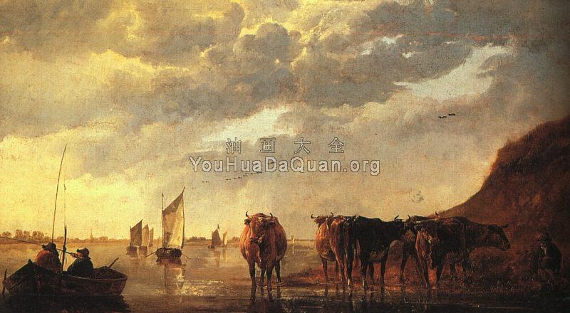 herdsman With Cows By A River - 阿尔伯特·库普